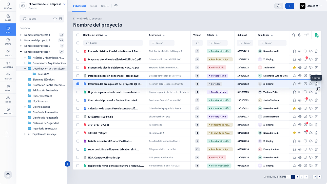 Vista previa de un módulo de gestión de construcción de VPlans