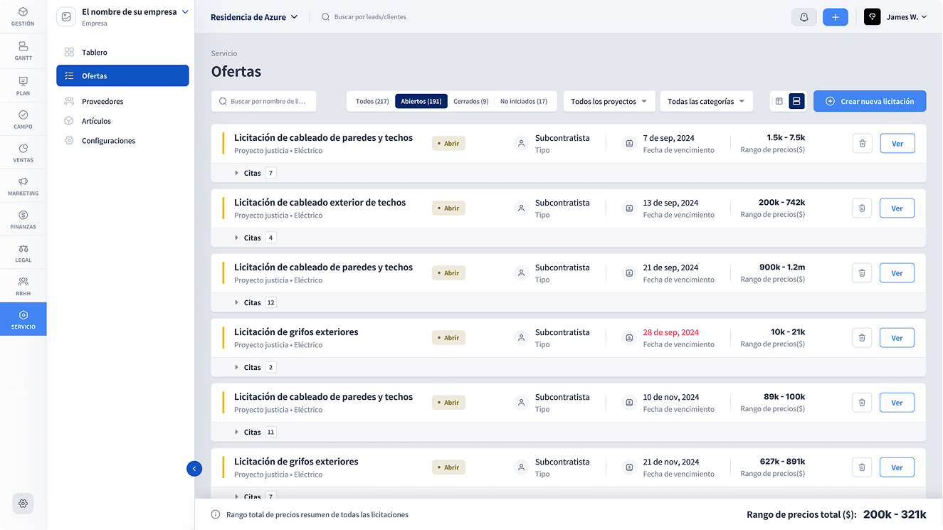 Vista previa de un módulo de gestión de construcción de VPlans